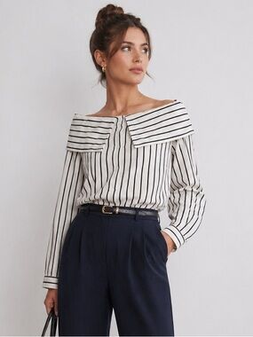 Pleione Off Shoulder Striped Blouse White Black Button Front XS